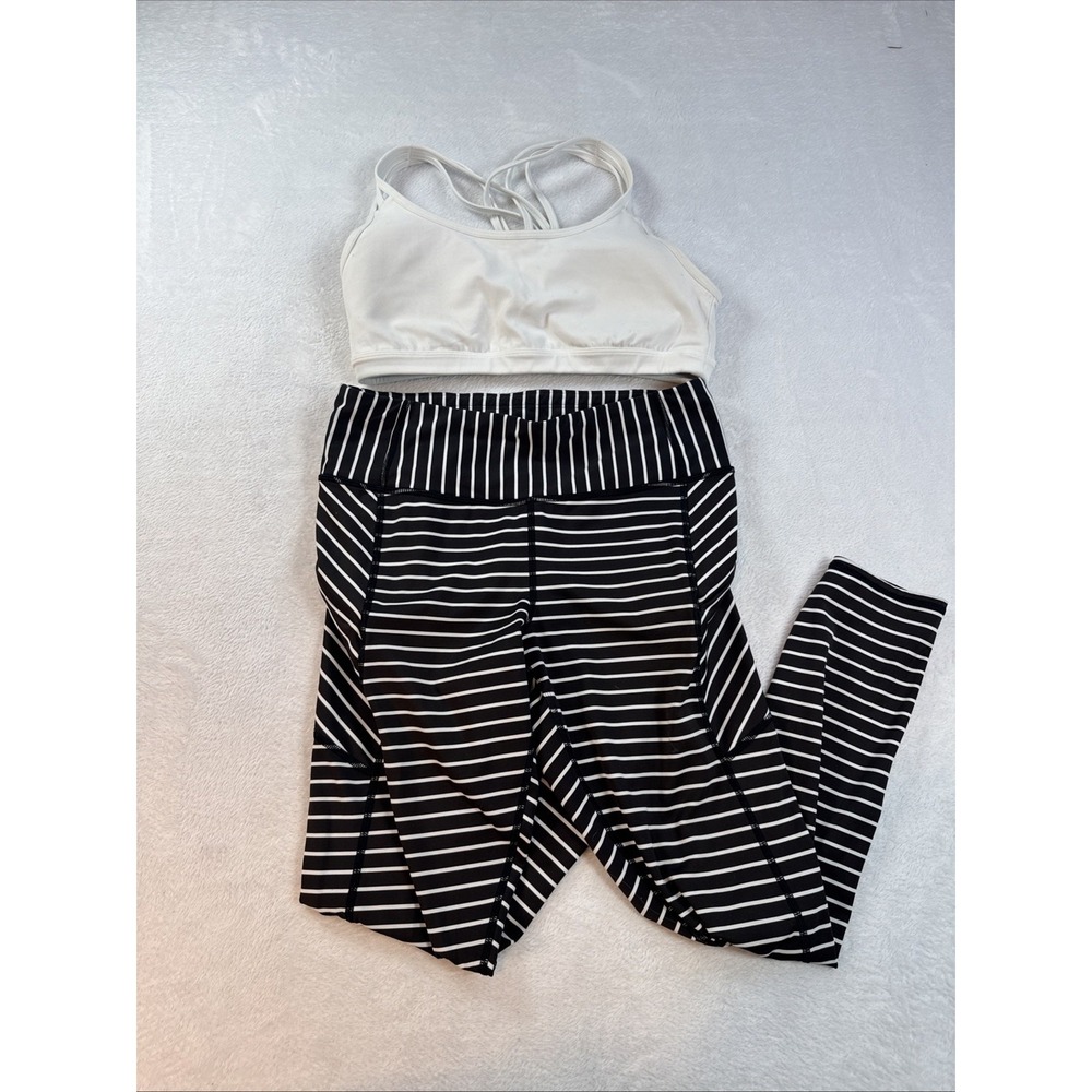 Athleta Womens Medium Gym Set Black Stripe Contender 7/8 Tight In Powerlift